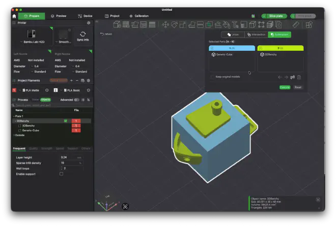 boolean subtraction dialog with cube as A and benchy as B